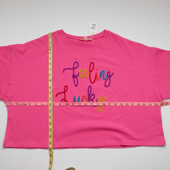 Peach Love "Feeling Lucky" Embroidered Patch Tee Cropped Rainbow Pink Small New - Picture 7 of 7
